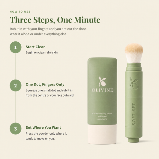 How to use Color Correcting Serum in three steps, one dot rubbed in with your fingers