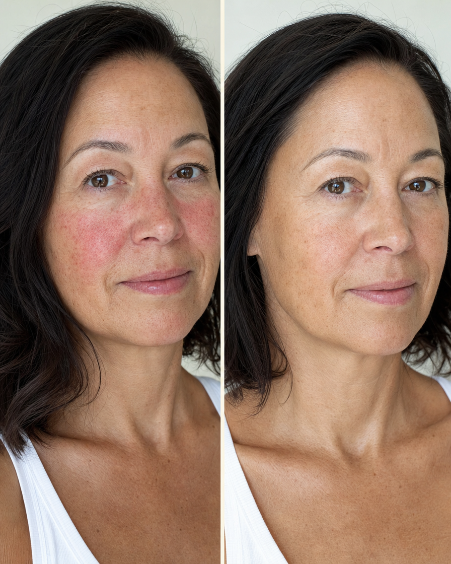 The same woman with bare skin and then wearing Color Correcting Serum