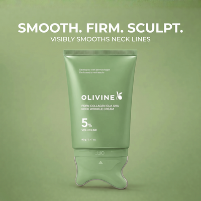 Olivine Beauty PDRN Collagen Gua Sha Neck Wrinkle Cream in the new green design with the built in gua sha applicator