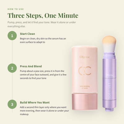How to use the Tone Adapting CC Serum in three steps, press and blend then set