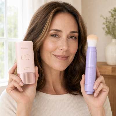 Woman holding the Tone Adapting CC Serum and its shade matched setting powder