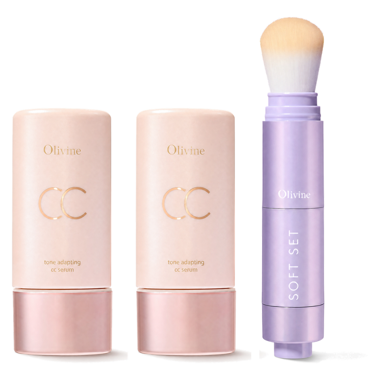 Buy 1 Get 1 Free, two Tone Adapting CC Serums with the Soft Set powder brush