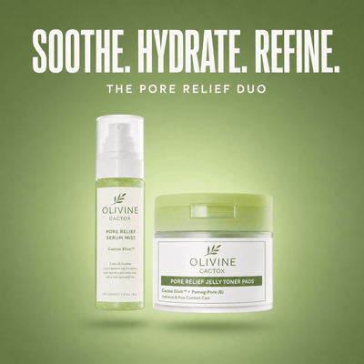 Olivine Cactox Pore Relief Jelly Toner Pads and Serum Mist Duo on a green gradient background