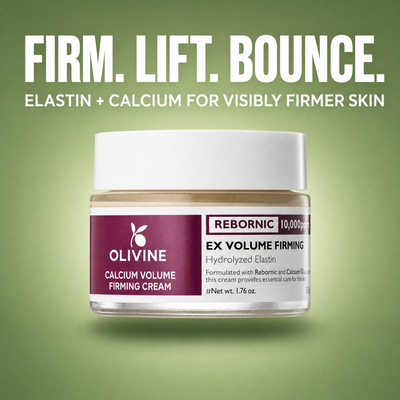 Olivine Calcium Volume Firming Cream on a green gradient background