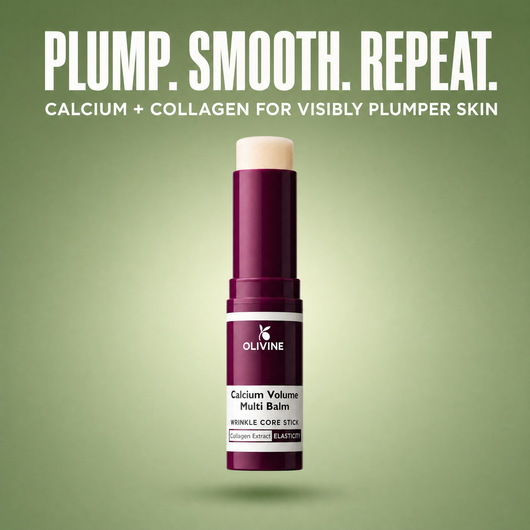 Olivine Calcium Volume Multi Balm on a green gradient background
