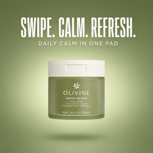 Olivine Matcha PDRN Tea Pad on a green gradient background