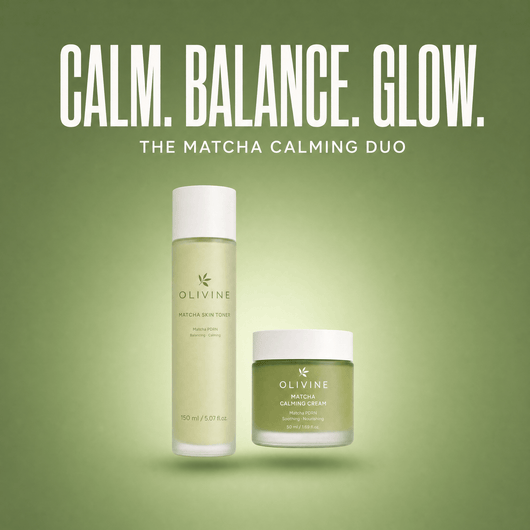 Olivine Matcha Toner and Cream Duo on a green gradient background