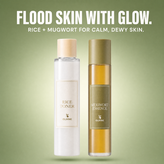 Olivine Skin Flooding Duo Rice Toner and Mugwort Essence on a green gradient background